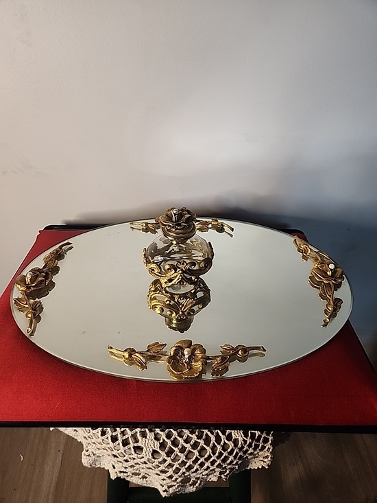 Source Unknown Other - Gold Accent Oval Vanity Tray with Floral Embellishments